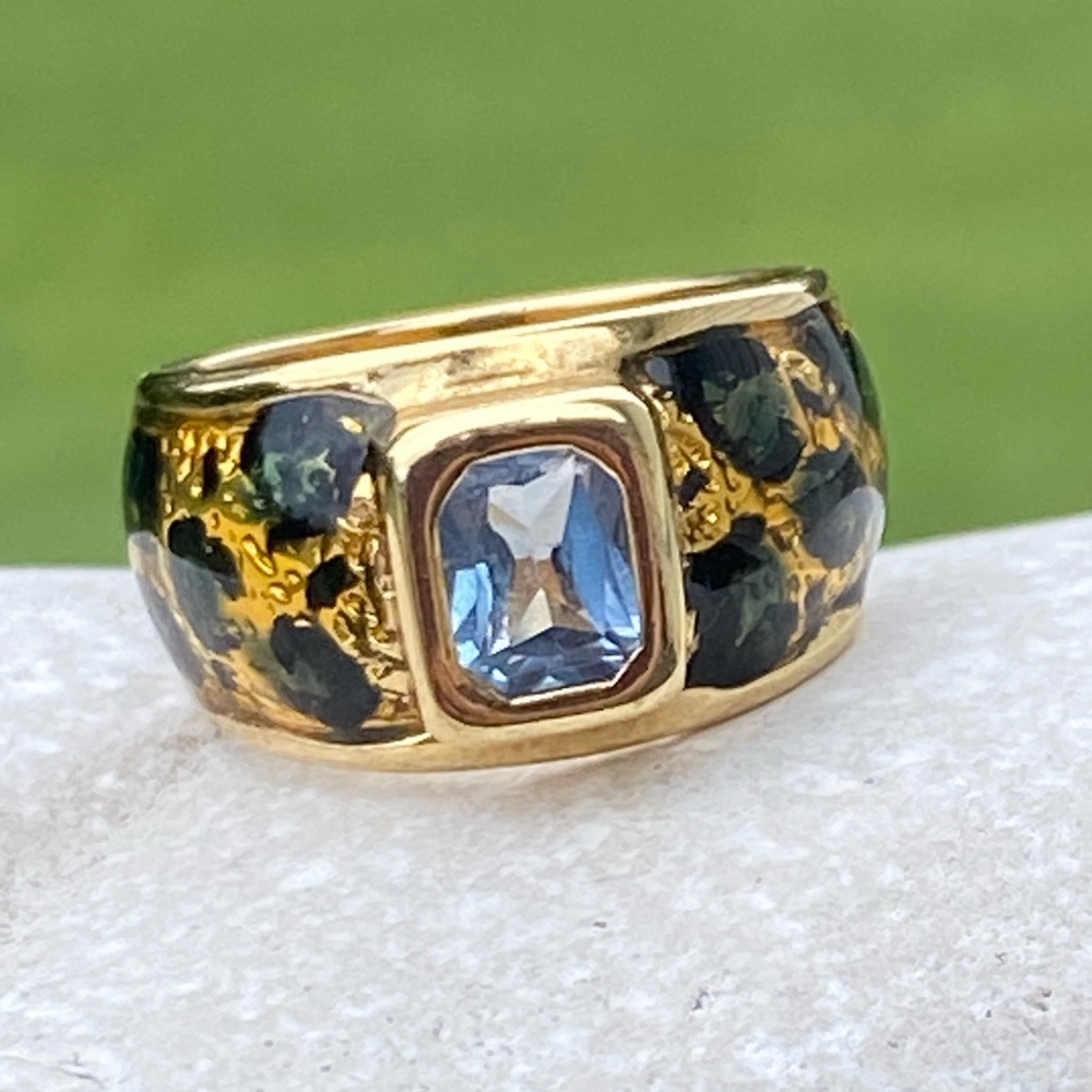 Genuine Blue Topaz gold over .925 Sterling Silver ring leopard overlay wide 6.5